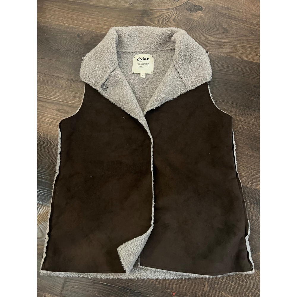 Dylan by True Grit Womens Brown Faux Suede Shearling Lined Vest Small Grey Trim